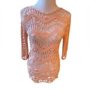 Hand Made Crocheted Tunic Top with Great Open Weave Macrame Like Detail Boho